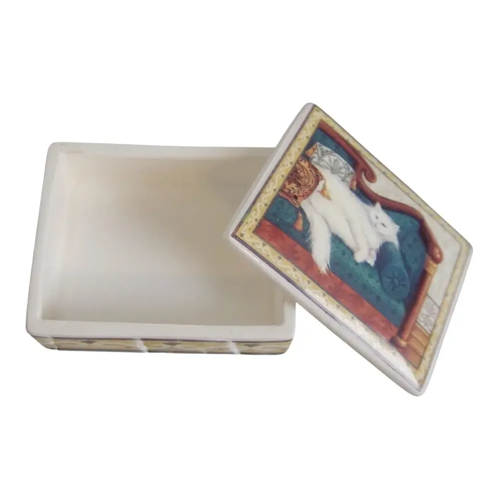 White Persian Cat Ceramic Trinket Box Rectangular Jewelry Keepsake Dish Lid 7oz